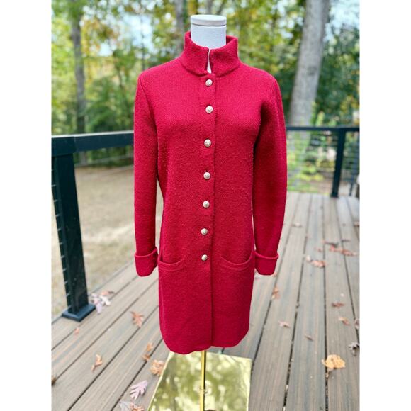 Adrienne Vittadini Medium Red Wool Blend Long Button Up Cardigan Stand Up Collar - Picture 9 of 10